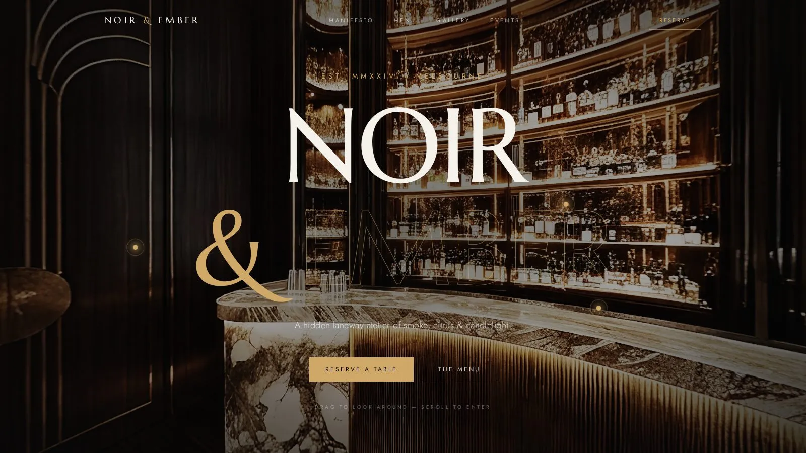 Noir & Ember cocktail bar homepage